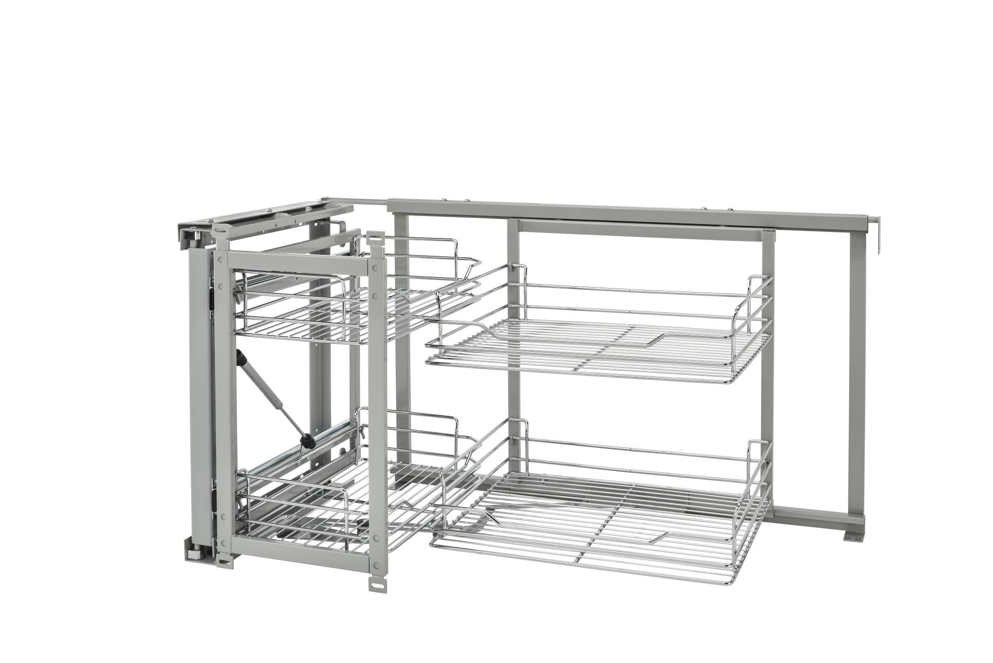 Chrome Two-Tier Wire Bottom Door-Mount Optimizer for 15" Blind Corner Cabinet Openings, as shown