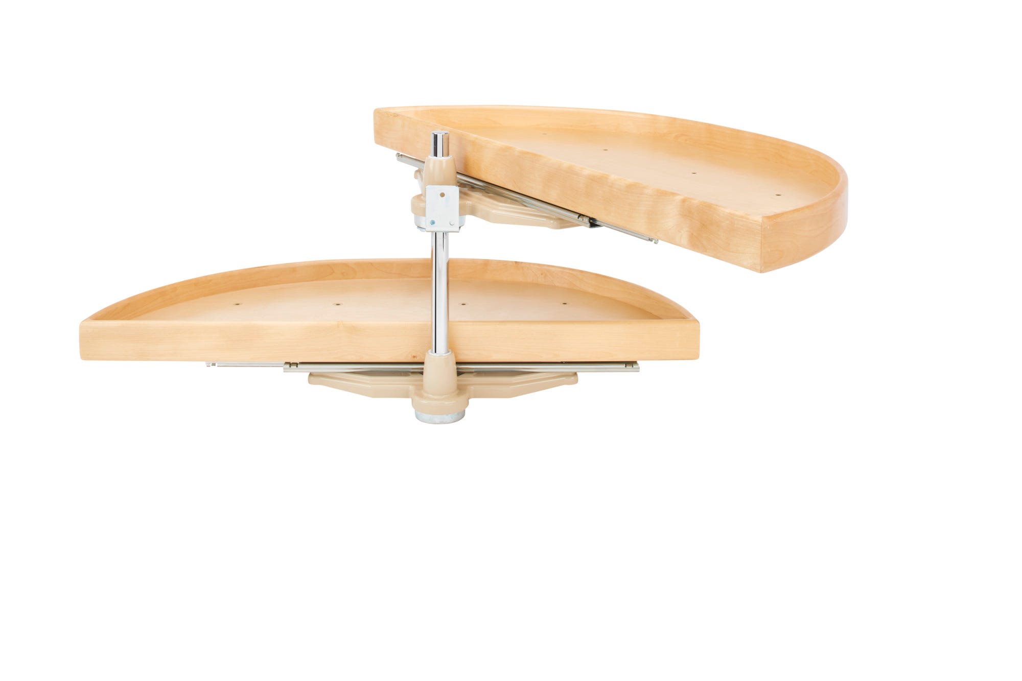 33" Maple Two-Tier Half-Moon Optimizer w/ Pivot and Slide Hardware for 15" Blind Corner Cabinet Openings, as shown