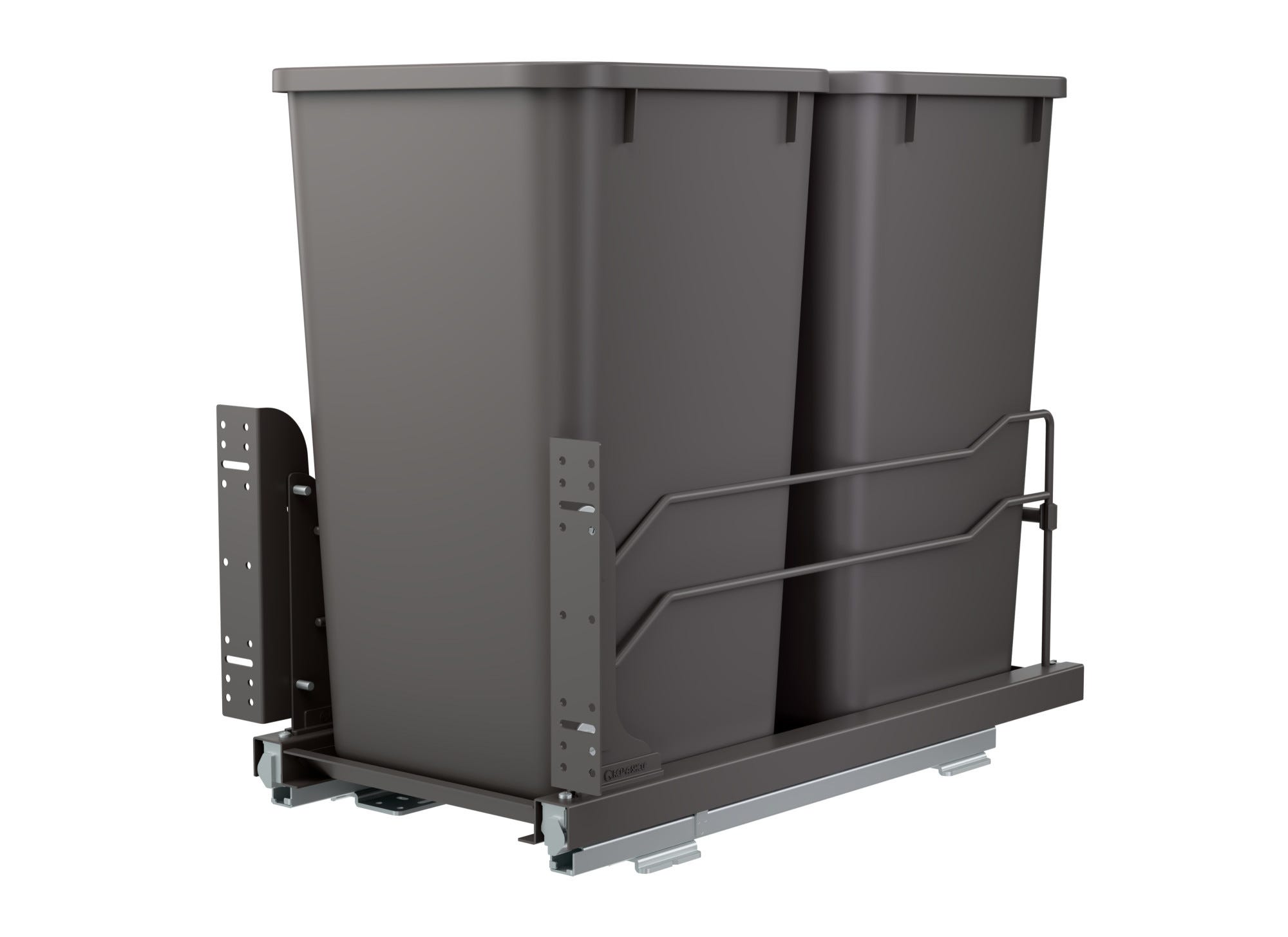 Double Orion Gray 27 Qt. Steel Bottom Mount Pullout Waste Container w/ Soft-Close for 15" Base Cabinets, as shown
