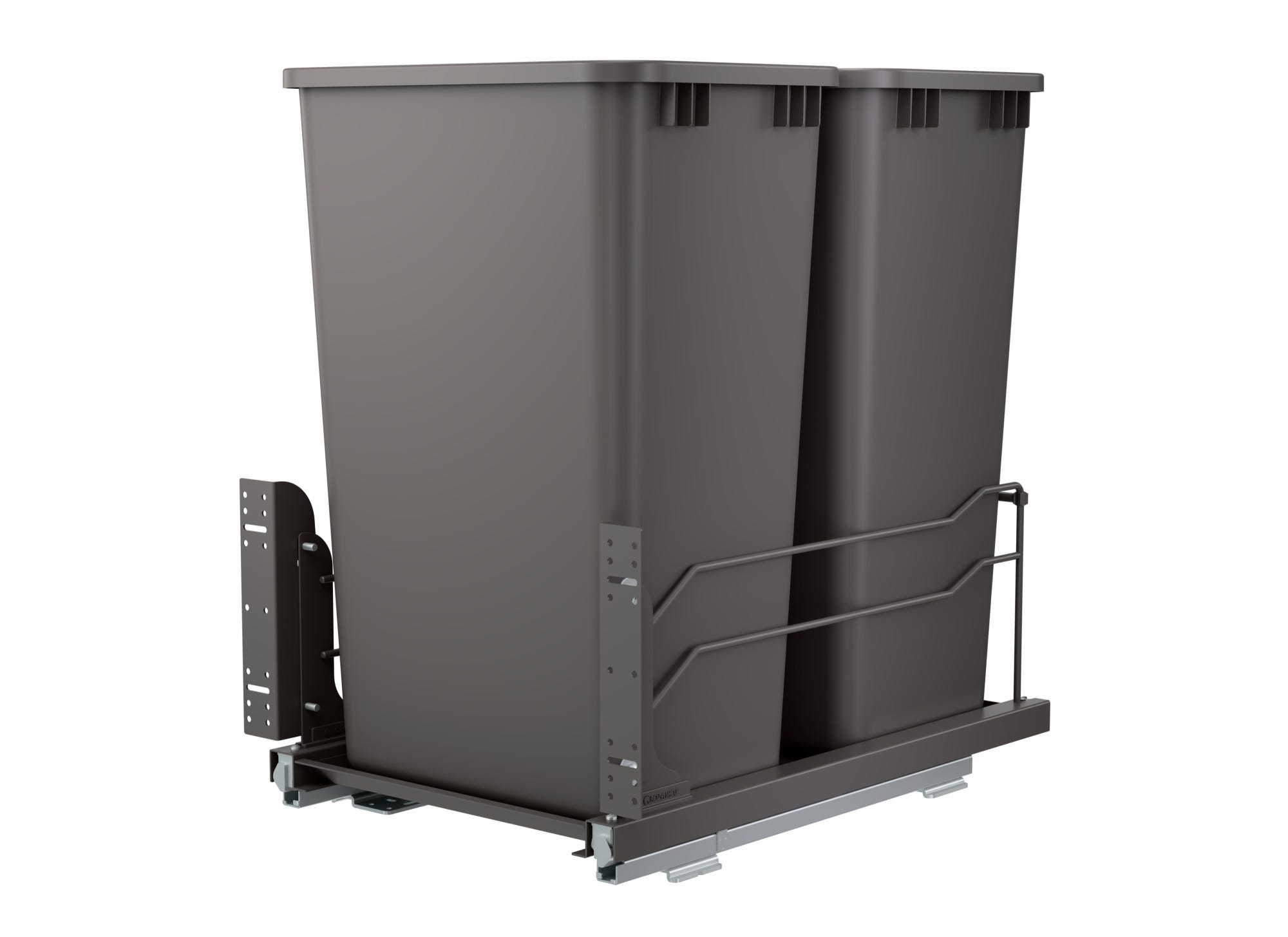 Double Orion Gray 50 Qt. Steel Bottom Mount Pullout Waste Container w/ Soft-Close for 18" Full-Height Base Cabinets, as shown