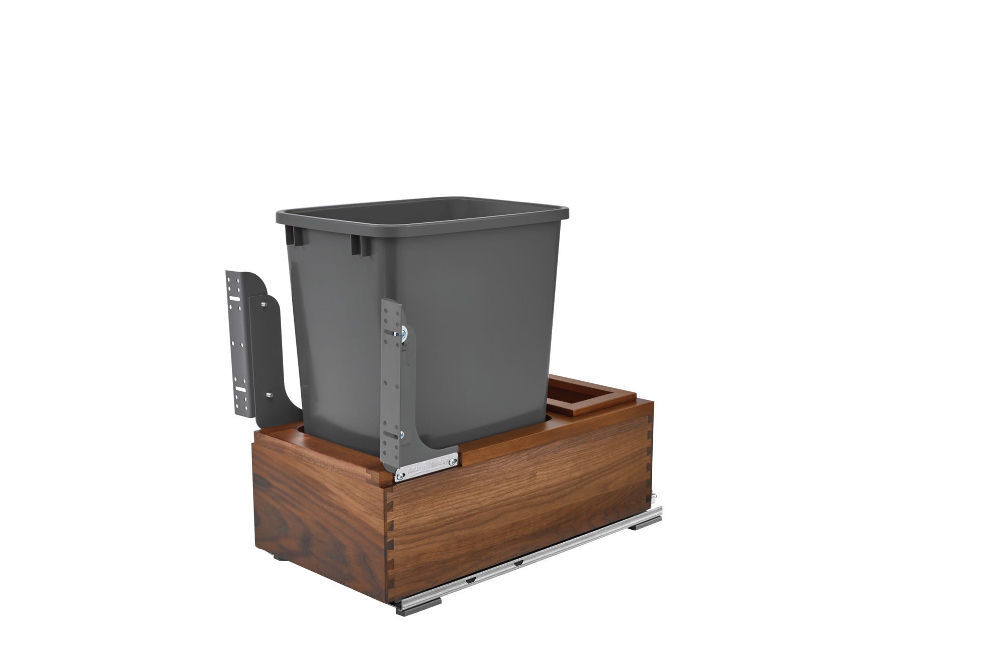 Single Silver 35 Qt. Walnut Bottom Mount Pullout Waste Container w/ (1) Lid and BLUM Soft-Close Slides