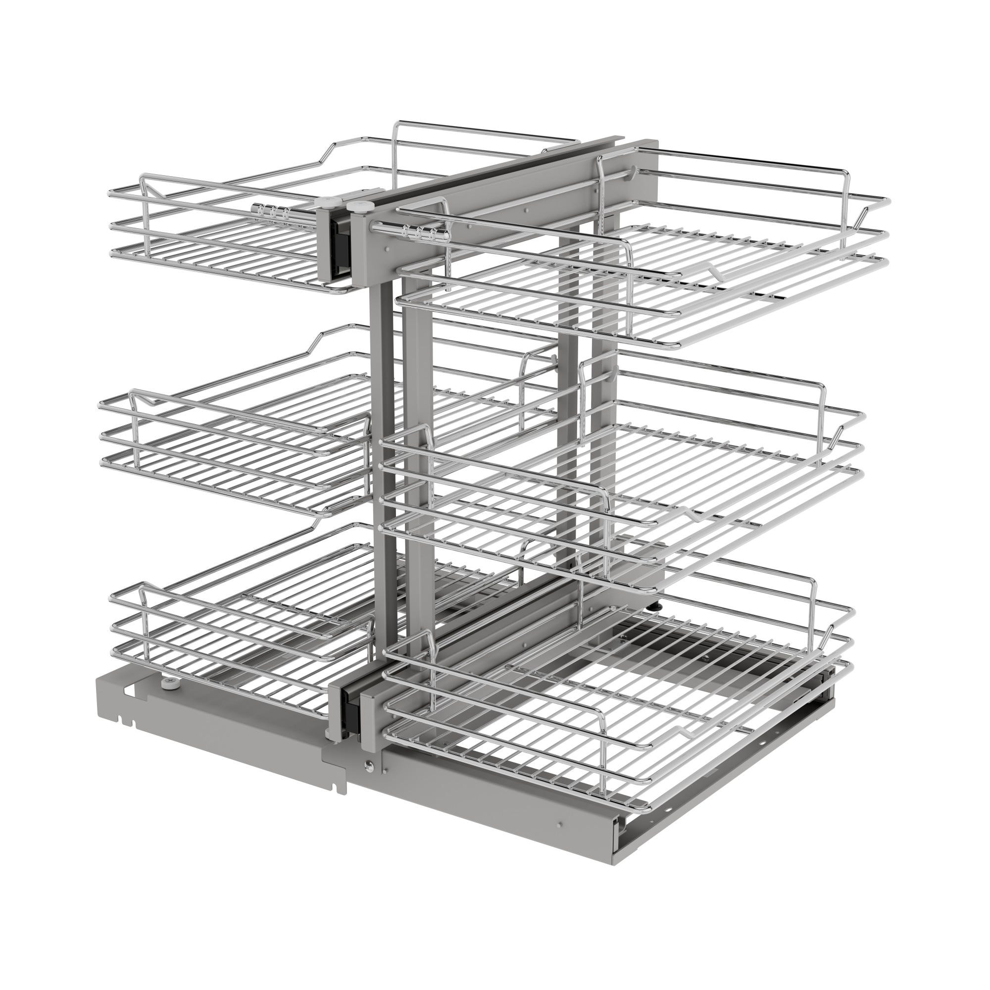 Chrome Three-Tier Wire Basket Organizer w/ Soft-Close for 15" Blind Corner Cabinet Openings, as shown