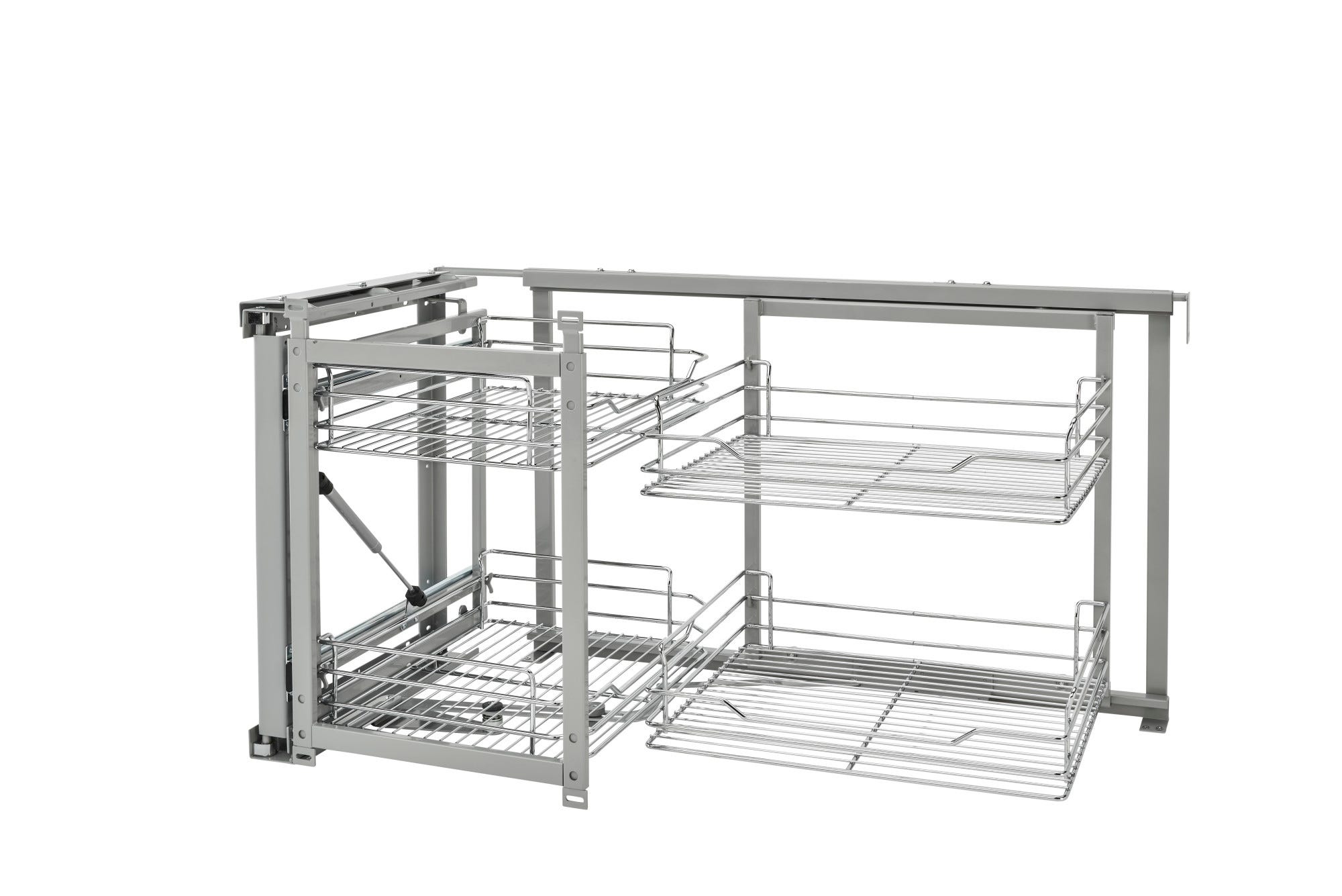 Chrome Two-Tier Wire Bottom Door-Mount Optimizer for 18" Blind Corner Cabinet Openings, as shown