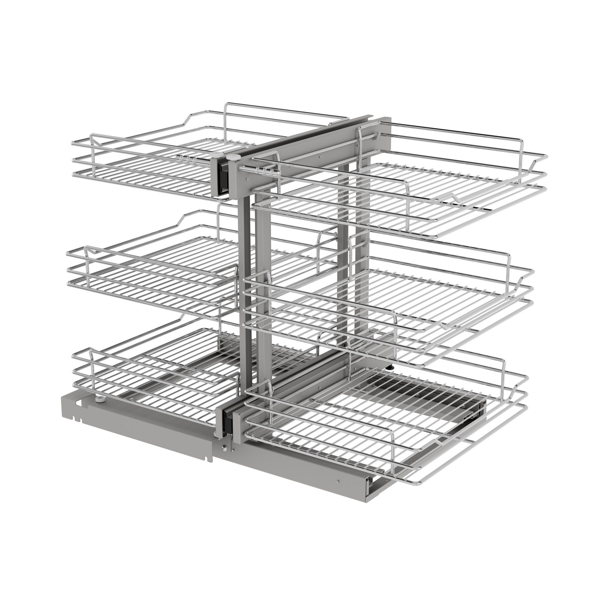 Chrome Three-Tier Wire Basket Organizer w/ Soft-Close for 18" Blind Corner Cabinet Openings, as shown