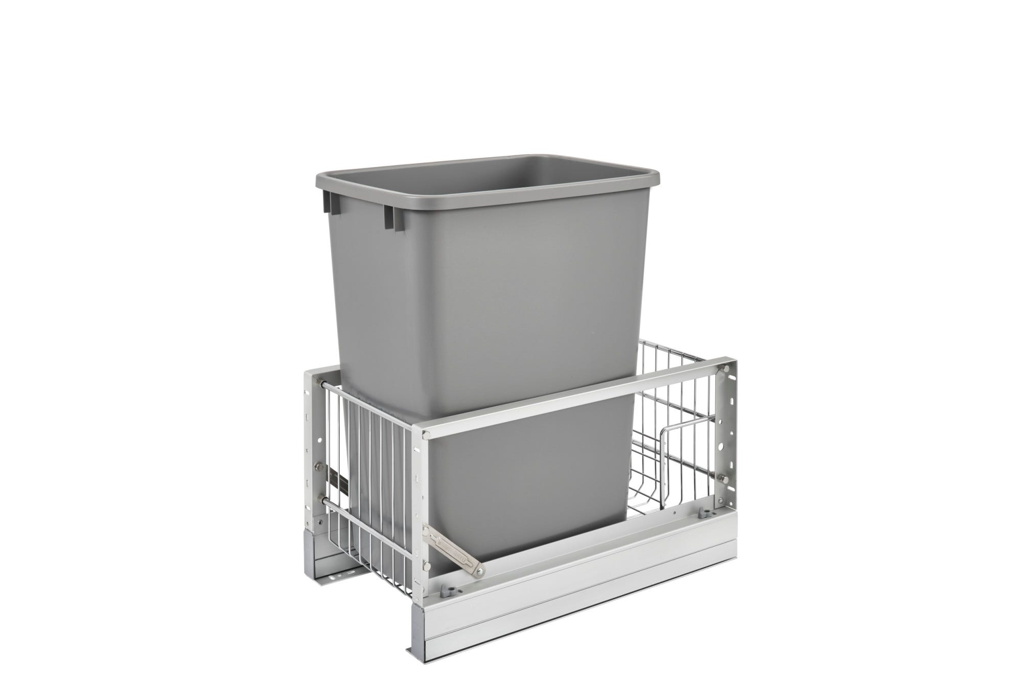 Aluminum Single Silver 35 Qt. Pullout Waste Container w/ Soft-Close for 15" Reduced Depth Base Cabinets, as shown