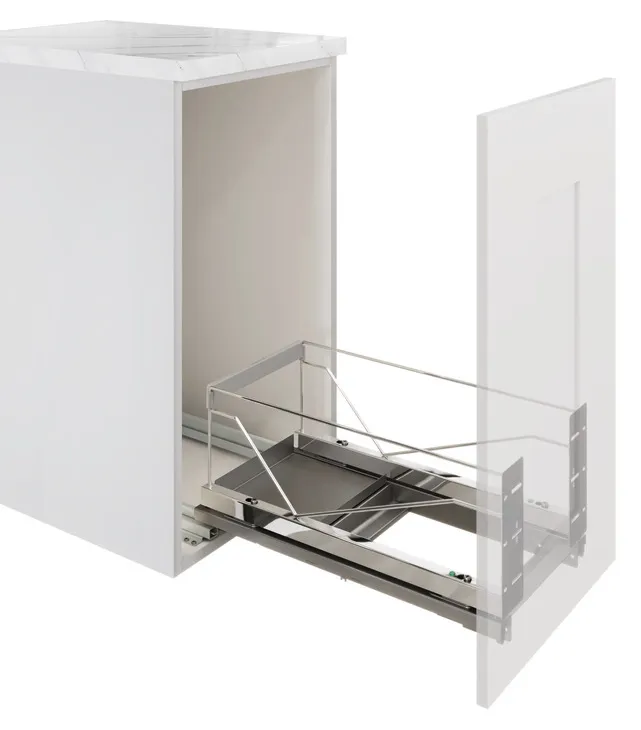 Waste Bin Pull-Out, Single Bin, Bottom Mounted, Chrome, 36 qt, 19 1/4", Frame: Chrome, Bin: White, 36 qt, part 502.57.220