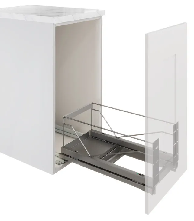 Waste Bin Pull-Out, Single Bin, Bottom Mounted, Silver, 36 qt